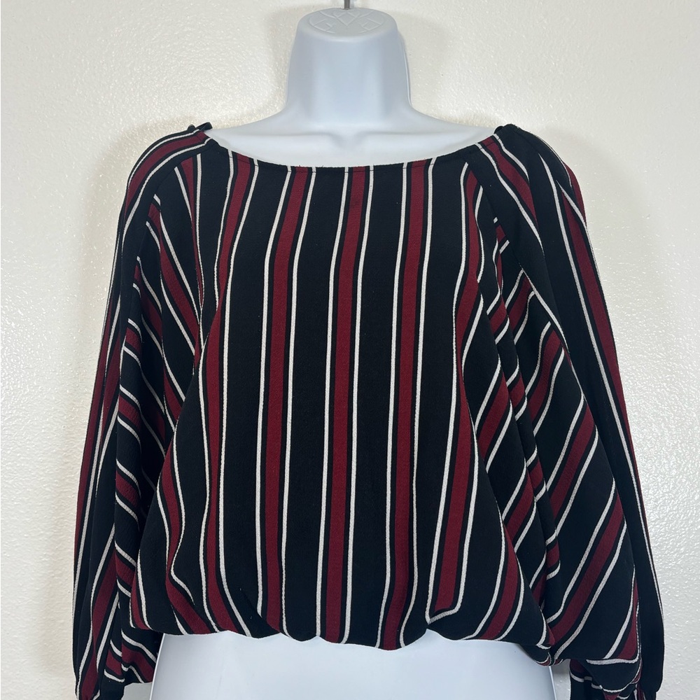 Crescent & Willoughby Striped faux Wrap Crop Blouse Balloon Sleeve Top Size L